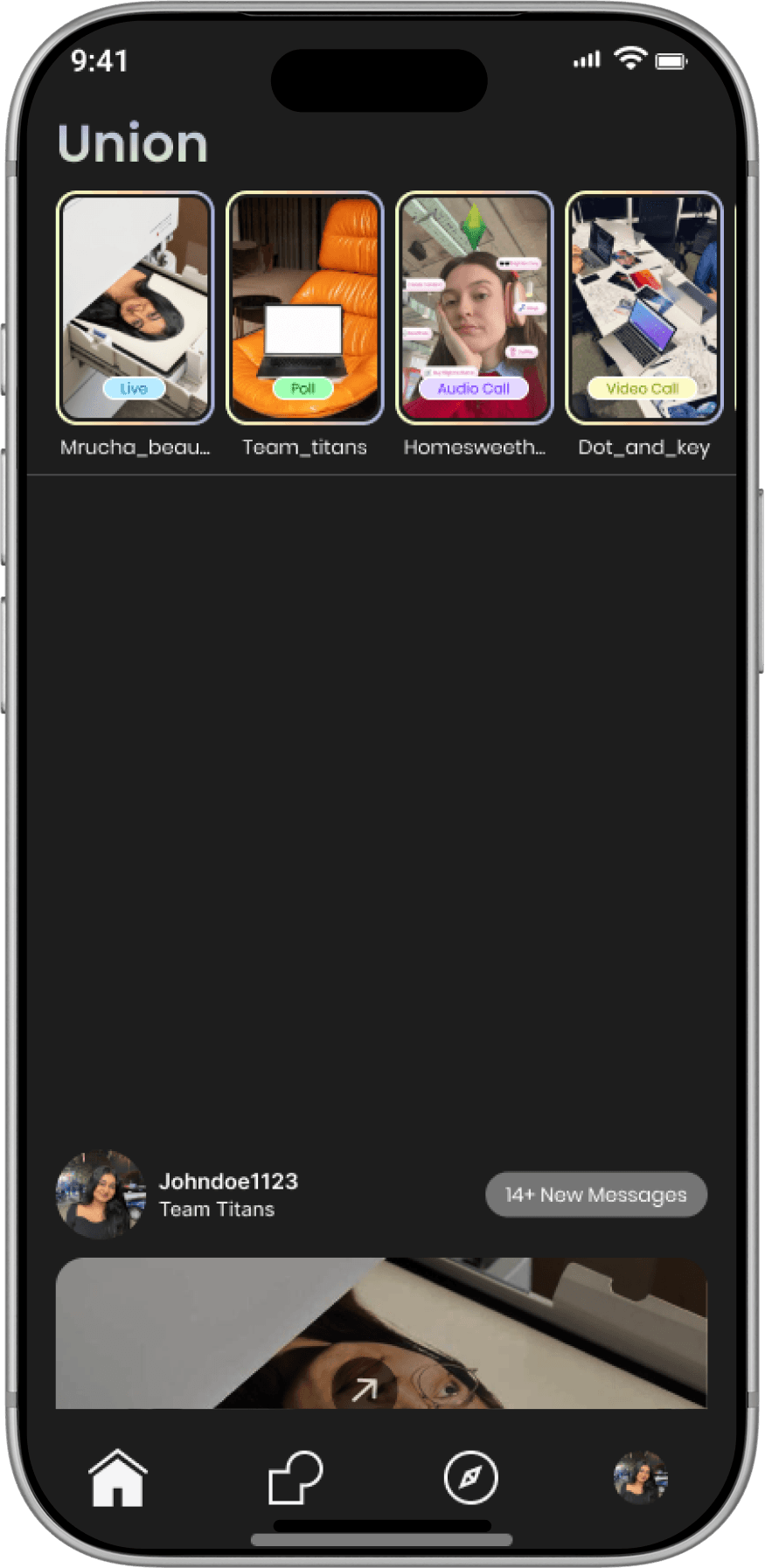 Union mobile app showing multiple community post formats